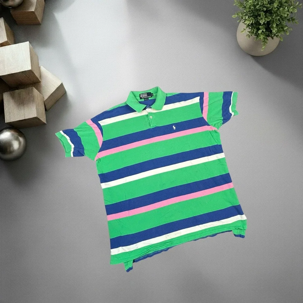 Vintage 90s Polo Ralph Lauren Striped Polo Shirt Green Blue Pink Mens Large L
